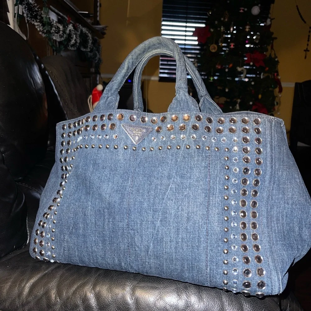 Prada Denim Blue Studded Tote Bag - Picture 2 of 16